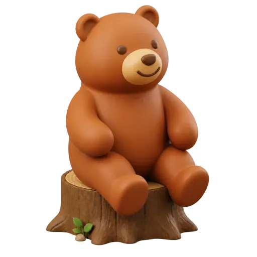 Archived illustrated scene: a clay-style bear sitting on a tree stump