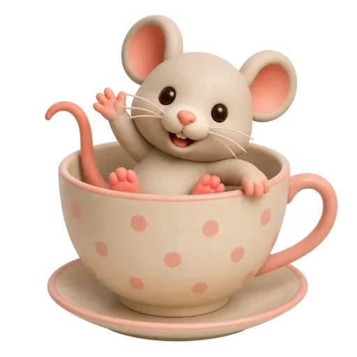 Archived illustrated scene: a mouse waving from a polka-dot cup
