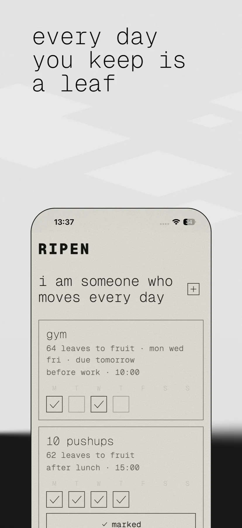 Store screen: “every day you keep is a leaf”, habit cards with a week of check boxes