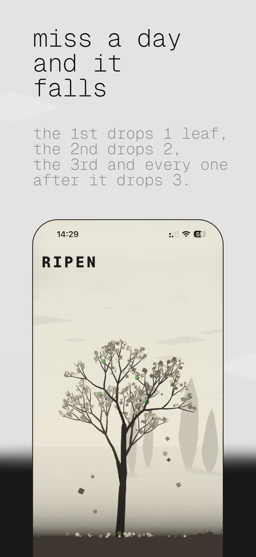 Store screen: “miss a day and it falls”, leaves dropping from the tree
