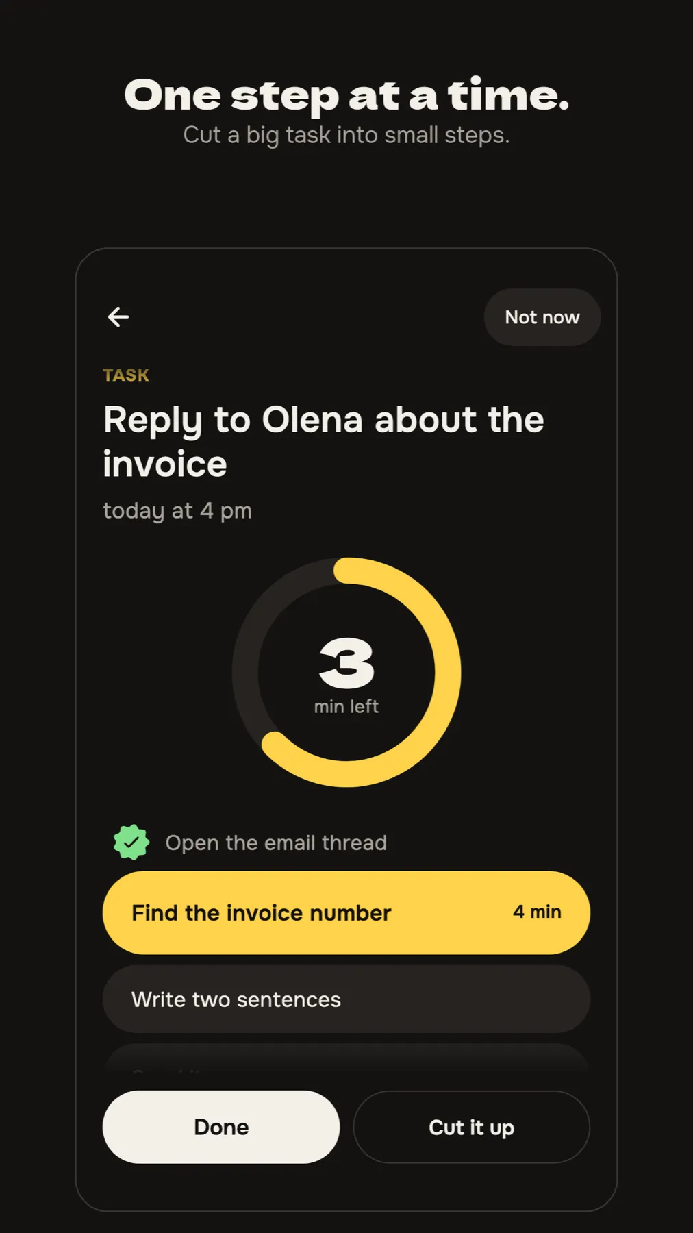 An earlier version of the Now screen with a large timer ring, a step list and two buttons