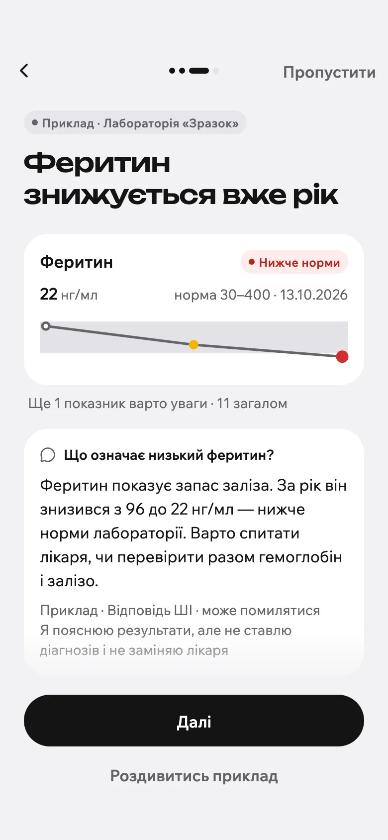 Onboarding: one insight, “ferritin has been falling for a year”, with a two-sentence AI answer