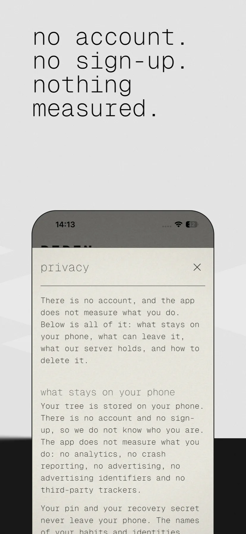 Store screen: “no account. no sign-up. nothing measured.”, the privacy sheet