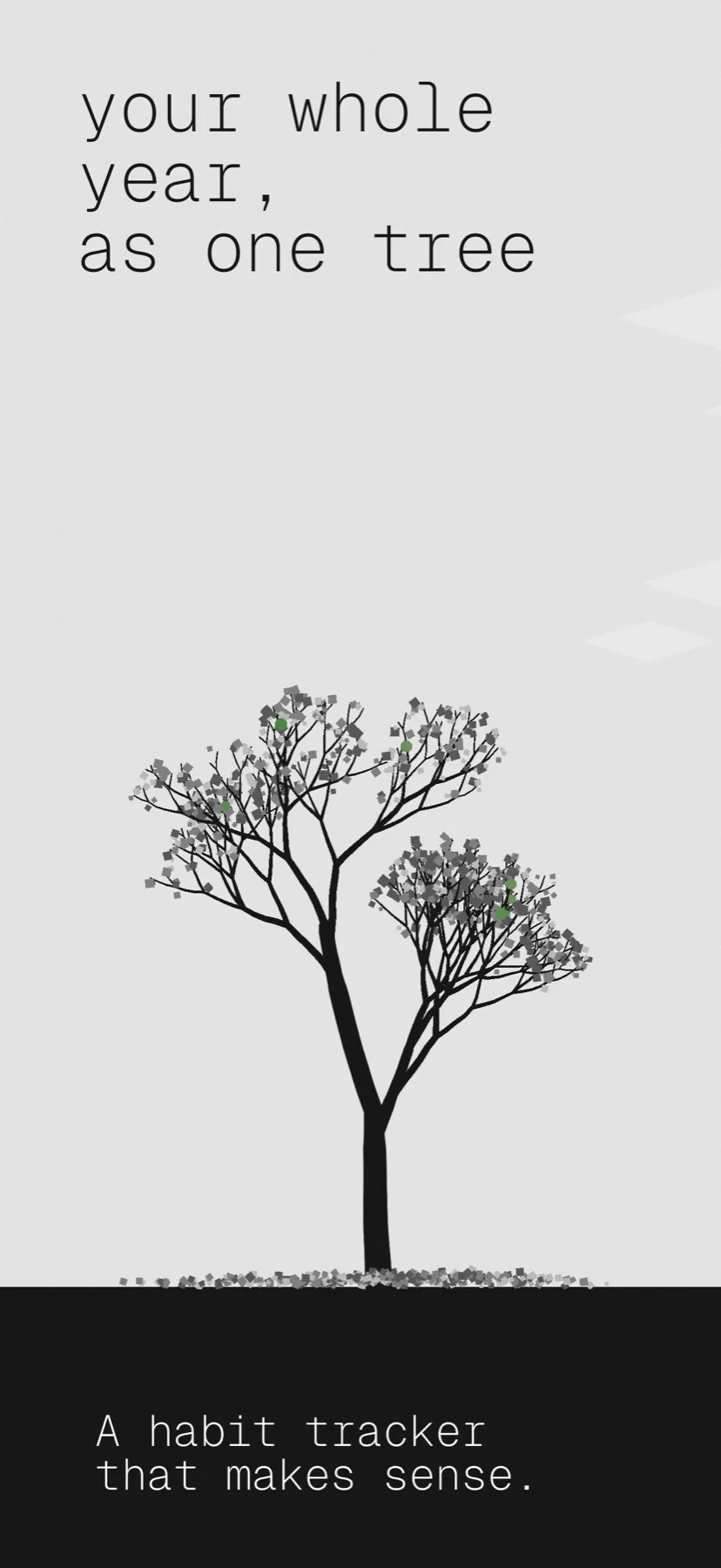 Store screen: “your whole year, as one tree”, a monochrome tree on a pale sky